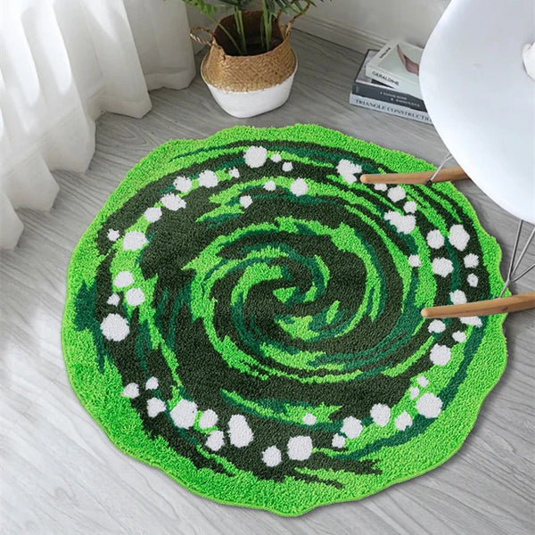 Tapis Rond Vert Mousse Spirale Touffu – Chambre & Salle de Bain