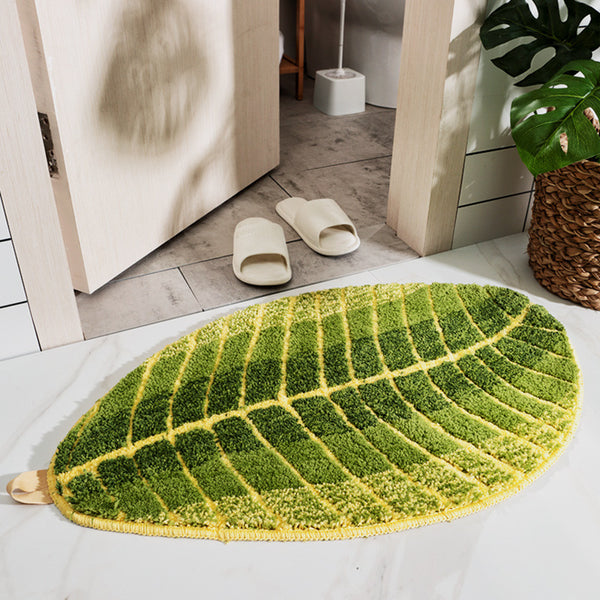 Tapis Forme Feuille Verte Réaliste Absorbant – Entrée & Salle de Bain