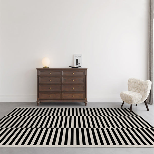 Tapis Rectangulaire Velours Vison Rayé Noir et Blanc Épais
