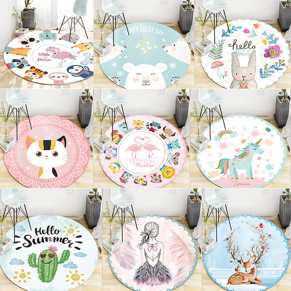 Tapis Rond Cartoon Illustrations Florales & Personnages – Chambre Enfant