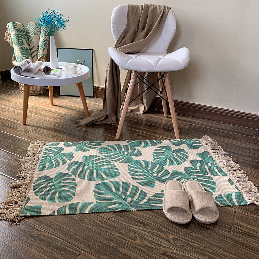 Tapis Coton & Lin Feuilles Tropicales – Vert & Beige – Tissé Main & Franges — Tapinna®