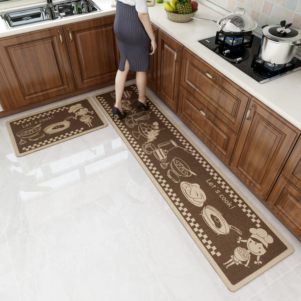 Set 2 Tapis de Cuisine Runner Floral Marron – Absorbant et Anti-taches