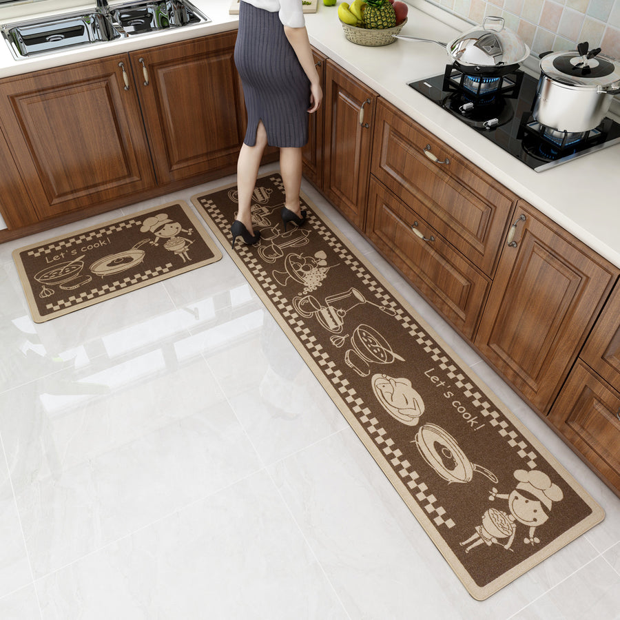 Set 2 Tapis de Cuisine Runner Floral Marron – Absorbant et Anti-taches — Tapinna®
