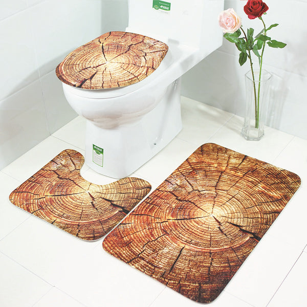 Set 3 Pièces Salle de Bain – Motif Bois & Nature Texturé | Tapis & Contour WC