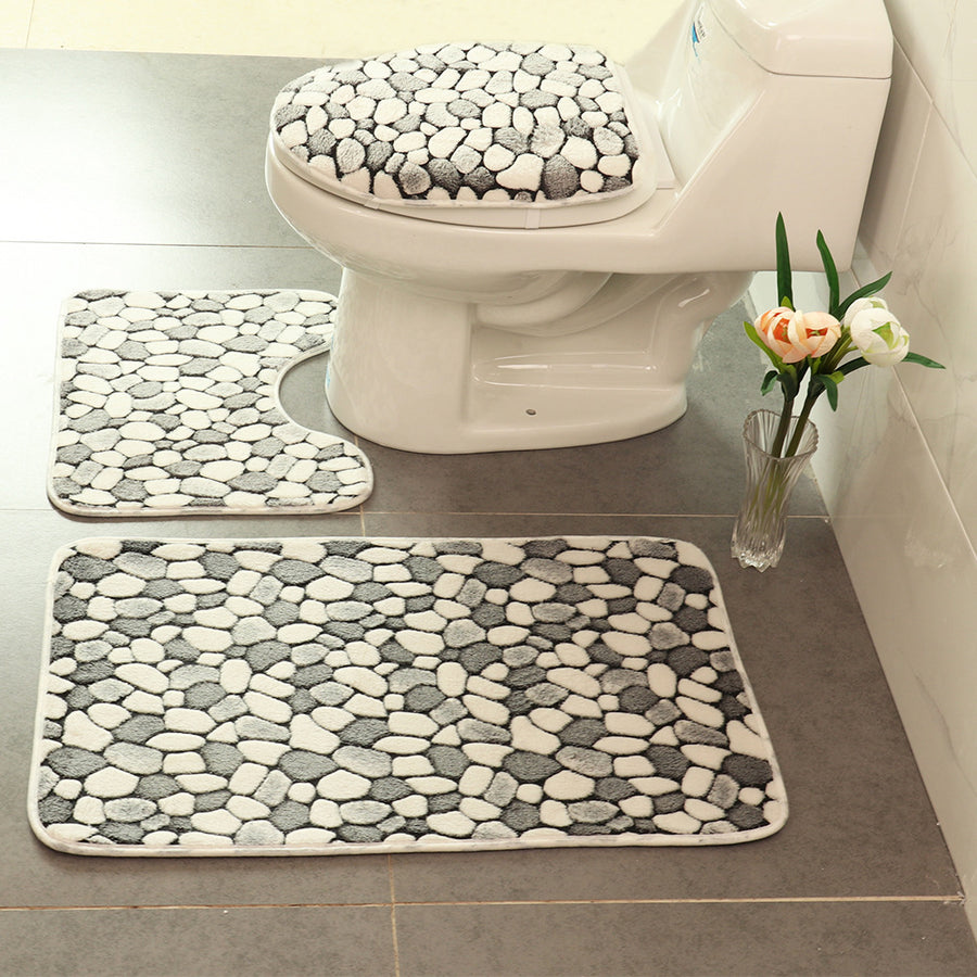Set 3 Pièces Salle de Bain – Motif Galets Gris & Blanc | Tapis & Contour WC — Tapinna®