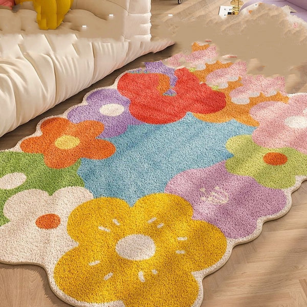 Tapis Irrégulier Fleurs Colorées Velours Doux Ins-Style Salon