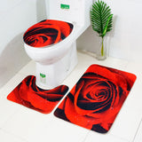 Set 3 Pièces Salle de Bain Motif Rose Rouge – Tapis WC & Bain 2