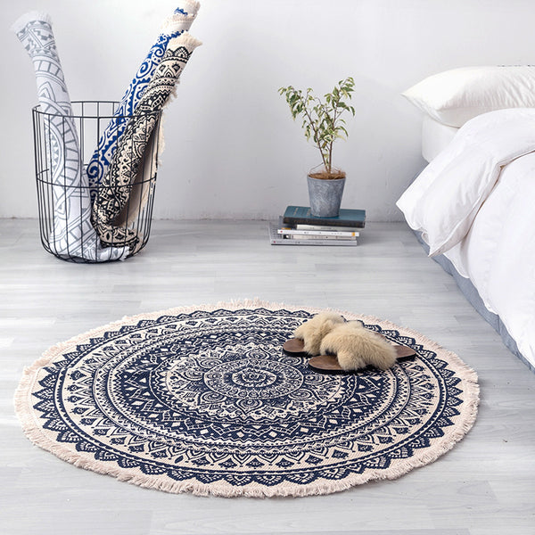 Tapis Rond Mandala Ethnique en Coton et Lin – Bohème