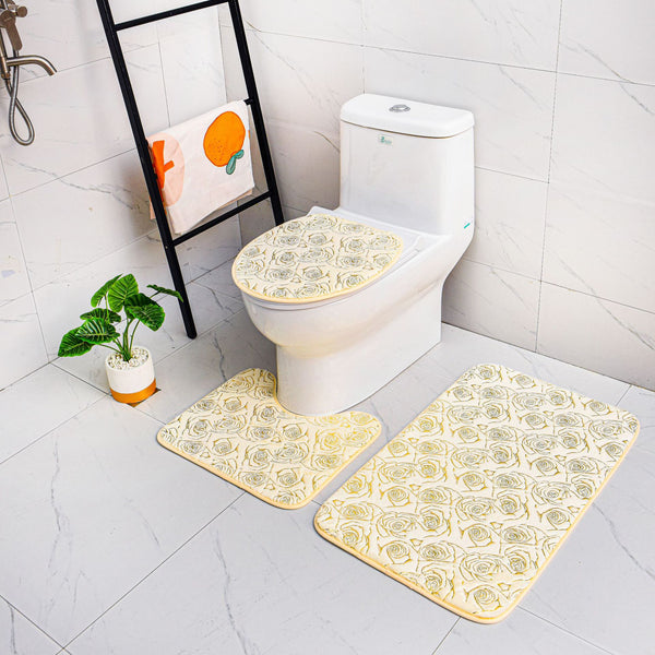 Set 3 Pièces Salle de Bain Motif Doré – Tapis WC, Bain & Contour