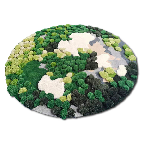 Tapis Rond Nature – Motif Mousse Forêt & Fleurs Sauvages Vert | Salon Chambre