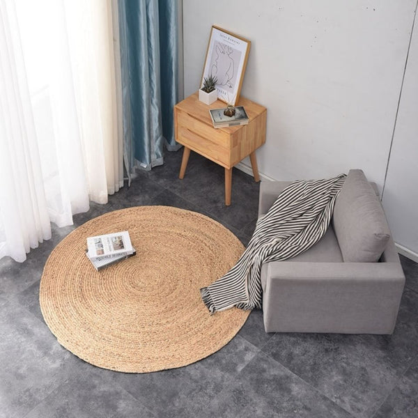 Tapis Rond Rotin Naturel – Tressé Jute Khaki | Salon Table Basse