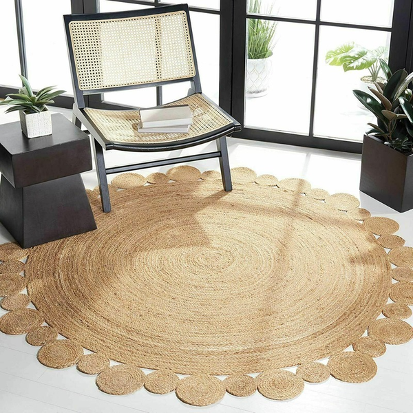 Tapis Rond Tressé Main Jute Naturel Festonné – Salon & Entrée