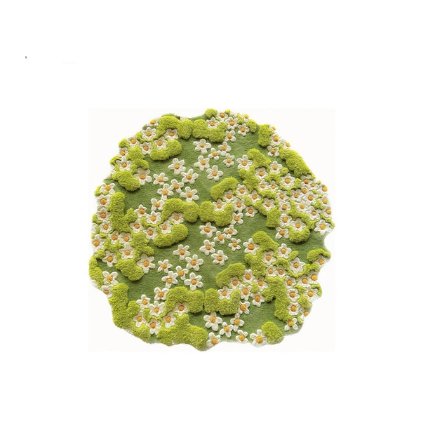 Tapis Rond Laine Artisanal Motif Fleurs Blanches – Salon & Table Basse