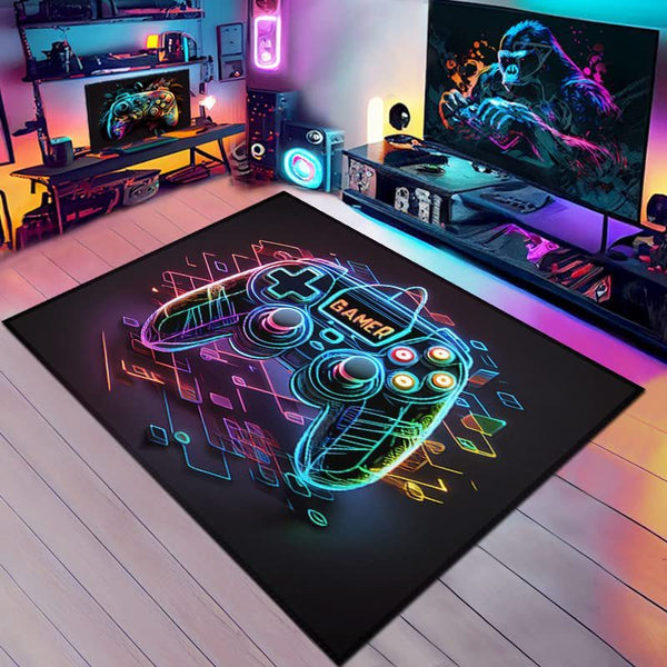 Tapis Gaming Floqué Manette Néon Chambre Ado Gamer Noir