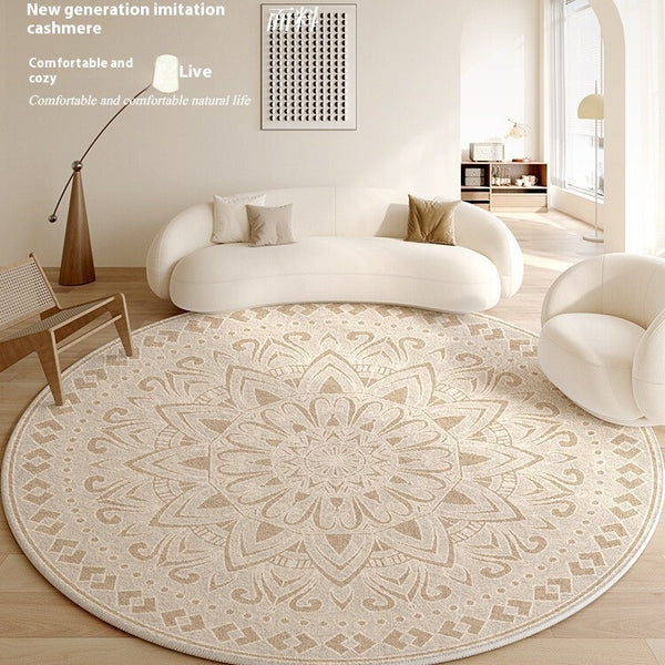 Tapis Rond Luxe – Motif Floral Sculpté Crème & Or | Salon Chambre