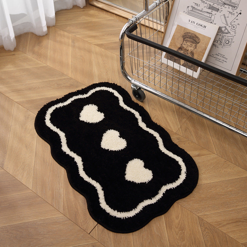Tapis Forme Irrégulière Noir & Blanc Motif Cœurs – Salle de Bain & Salon — Tapinna®