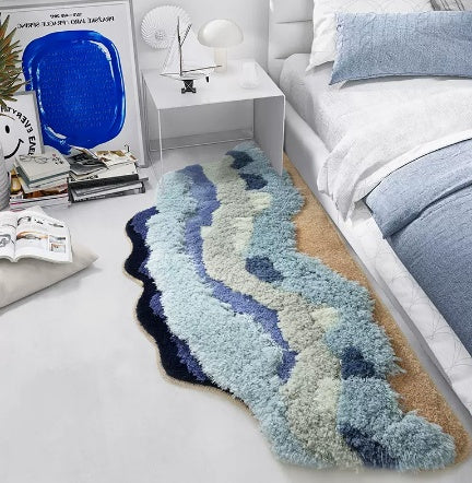 Tapis Runner Shaggy Irrégulier – Effet Nuage Bleu & Blanc | Chambre Salon