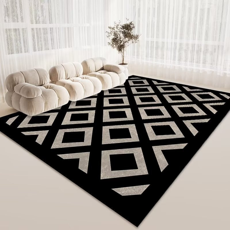 Tapis Rectangulaire Velours Cristal Damier Losanges Noir & Blanc – Salon — Tapinna®