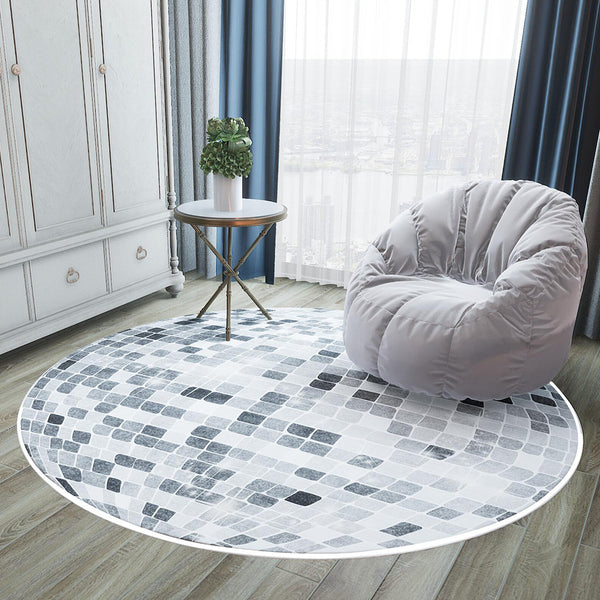 Tapis Rond Boule Disco Mosaïque Bleu et Gris