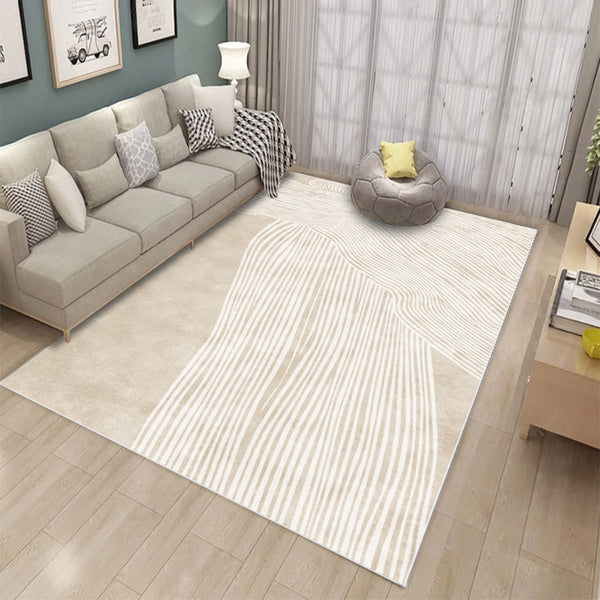 Tapis Rectangulaire Velours Cristal – Rayures Épurées Beige & Crème | Salon Chambre