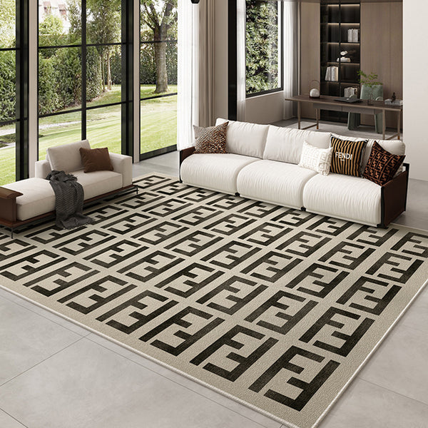 Tapis Luxe Géométrique – Motif Grec Noir & Beige | Salon Salle à Manger