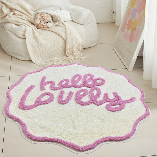 Tapis Rond Touffeté "Hello Lovely" Rose & Blanc – Chambre