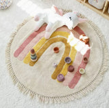 Tapis Rond Enfant Arc-en-Ciel Brodé – Beige & Crème – Franges Coton 5