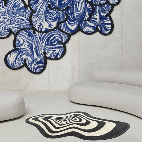 Tapis Forme Irrégulière Lignes Vagues Bleu & Noir – Salon & Chambre