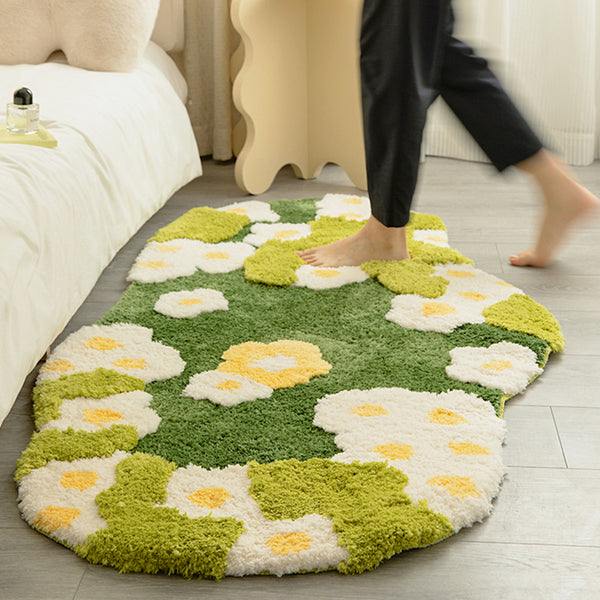 Tapis Ovale Prairie Fleurie – Marguerites Jaunes & Mousse Verte | Chambre Salon