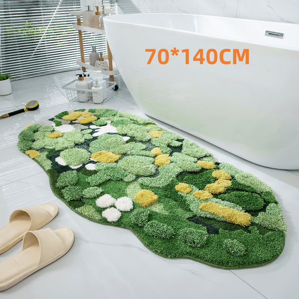 Tapis Irrégulier Gazon Mousse Vert Fleurs Naturel Salon