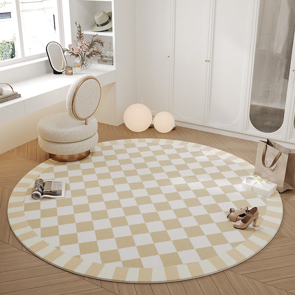 Tapis Rond Damier Scandinave – Imitation Cachemire Beige & Doré | Salon Chambre