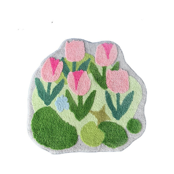 Tapis Rond Touffeté – Motif Tulipes Rose & Vert | Chambre Enfant Salon