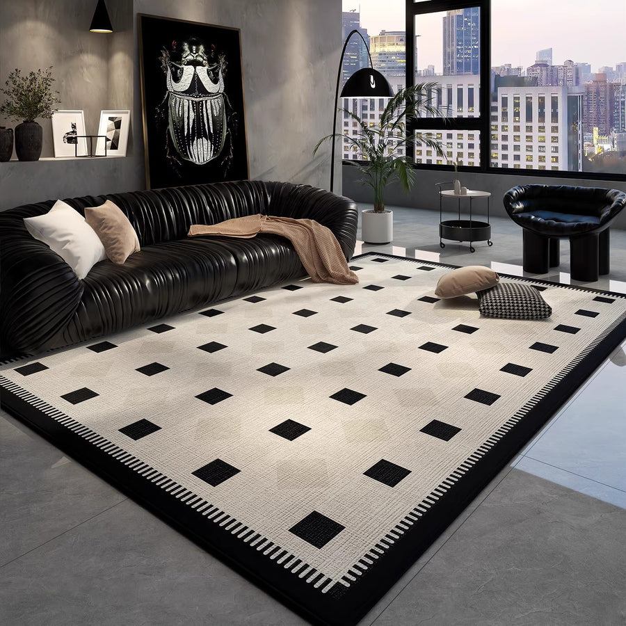 Tapis Rectangulaire Velours Cristal Damier Noir & Beige – Salon — Tapinna®