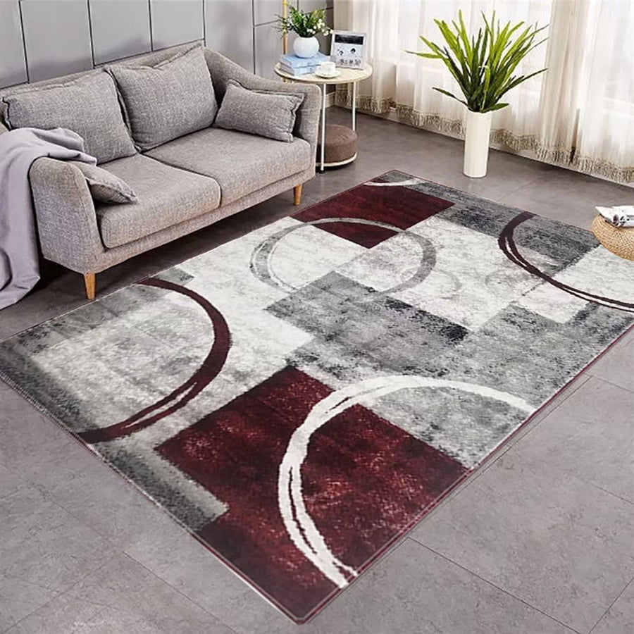 Tapis Géométrique Gris Bordeaux Triangles Modernes Salon — Tapinna®