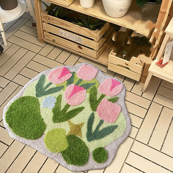 Tapis Rond Touffeté – Motif Tulipes Rose & Vert | Chambre Enfant Salon