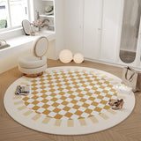 Tapis Rond Damier Scandinave – Imitation Cachemire Beige & Doré | Salon Chambre 5