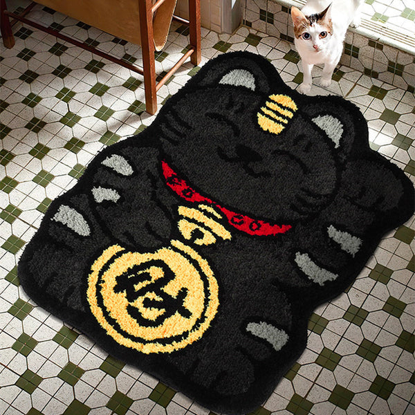 Tapis Chat Porte-Bonheur Maneki-Neko Noir et Or