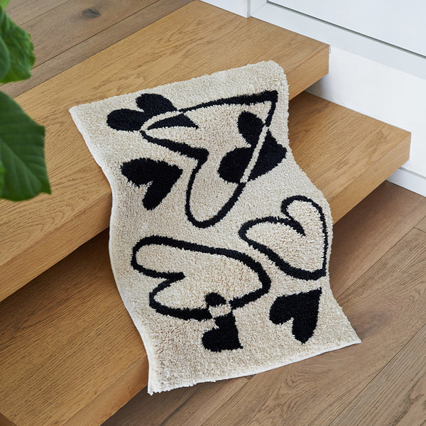 Tapis Entrée Coeur Touffeté Noir Blanc Moderne Hall Chambre