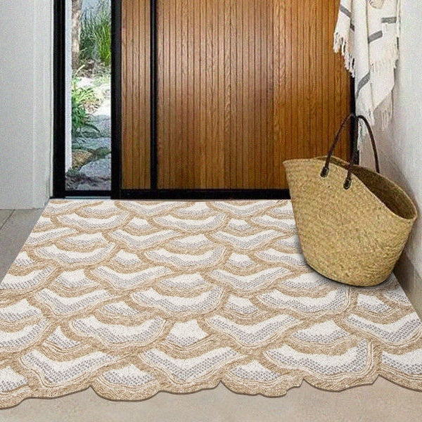 Tapis Entrée Découpable Motif Écailles Nuages Crème & Turquoise — Tapinna®