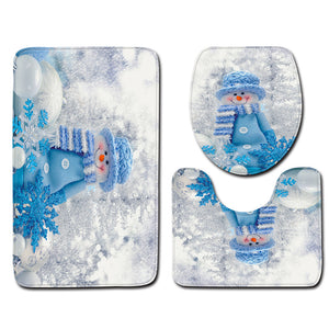 Set Tapis Noël Salle de Bain 3 Pièces – Bonhomme de Neige & Sapins