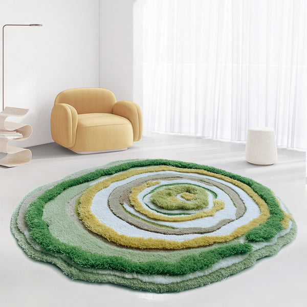 Tapis Rond Laine Artisanal Motif Spirale Floral Vert & Or – Salon & Chambre