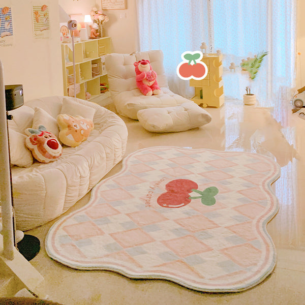 Tapis Forme Ondulée Rose Pastel Motif Cerise Kawaii – Chambre Fille & Bébé