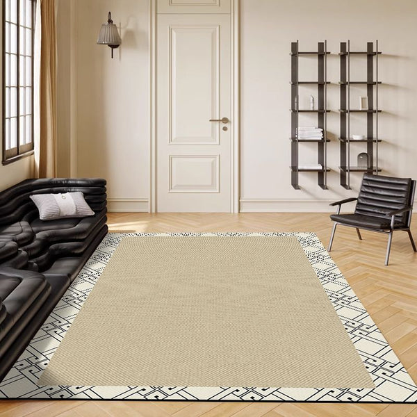 Tapis Rectangulaire Bordure Florale – Style Classique Beige & Noir | Salon Chambre