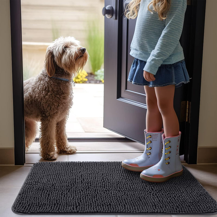 Tapis Chenille Gris Antidérapant Absorbant Entrée Chien Animal — Tapinna®