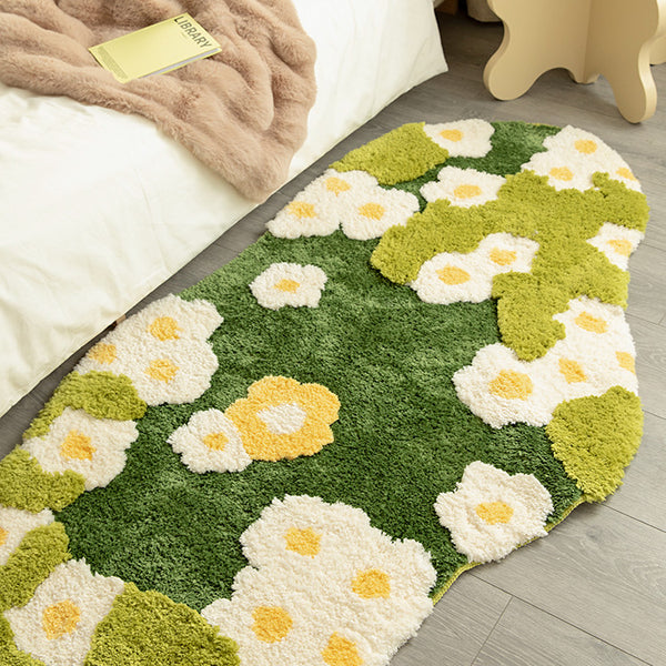 Tapis Ovale Prairie Fleurie – Marguerites Jaunes & Mousse Verte | Chambre Salon