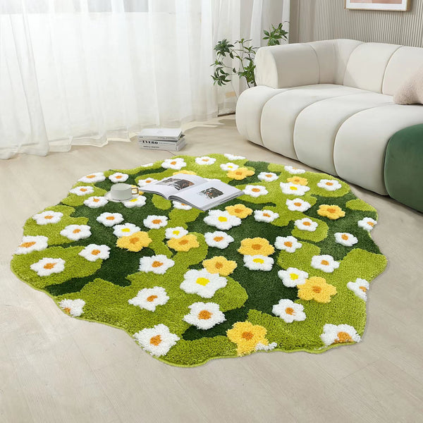 Tapis Irrégulier Pelouse Marguerites Vertes Floqué Salle de Bain