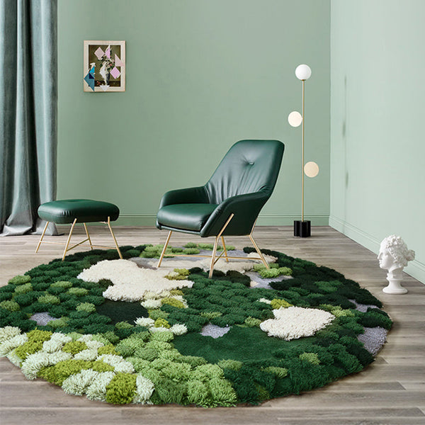 Tapis Rond Laine Mélangée Mousse Forêt Fait Main – Vert Naturel
