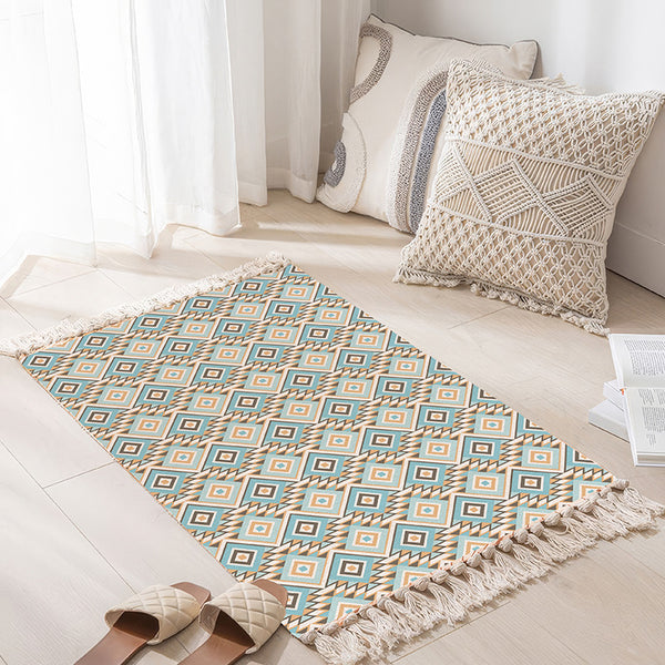Tapis Tissé Coton Lin Franges Motifs Berbères Scandinave
