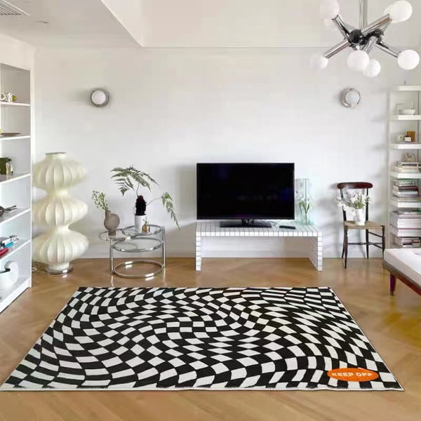Tapis Optique Noir & Blanc – Illusion Géométrique – Salon Moderne