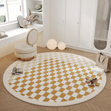 Tapis Rond Damier Scandinave – Imitation Cachemire Beige & Doré | Salon Chambre 1